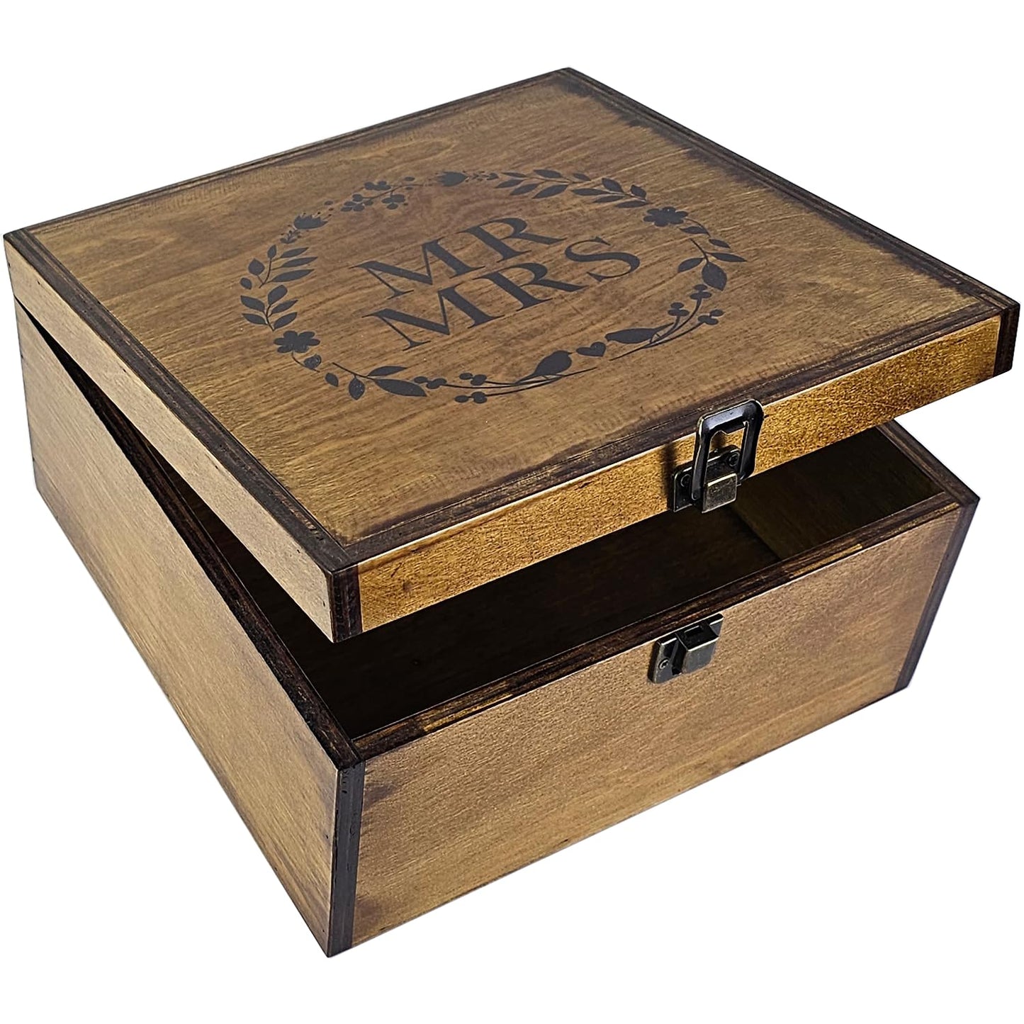 BeeGreeny Large Mr and Mrs Wooden Wedding Keepsake Box for Couples, 10"x10"x5" Wooden Memory Box with Lid, Wedding Gift Box for Bride and Groom, Bridal Shower, Anniversary Valentines Gift Ideas