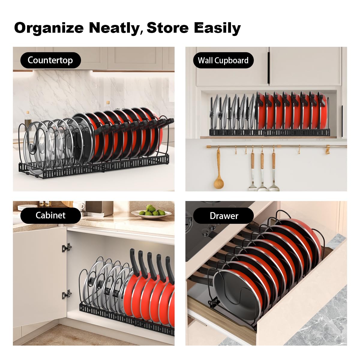 Housolution Pot and Pan Organizer Rack for Cabinet, Expandable Pot Lid Organizer Holder with 14 Adjustable Dividers, Fully Expanded Size 22.83" W x 7.09" D x 7.09" H, Black