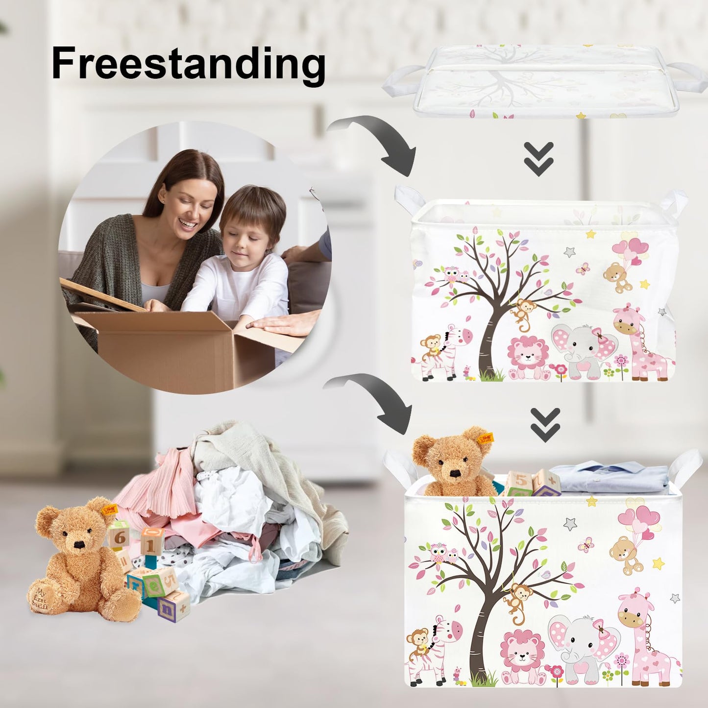 Clastyle Collapsible Large Pink Woodland Animal Baby Girl Bakset Jungle Animals Lion Giraffe Book Shelf Basket with Handle Rectangle Toy Clothes Cube Storage Basket for Kids Room