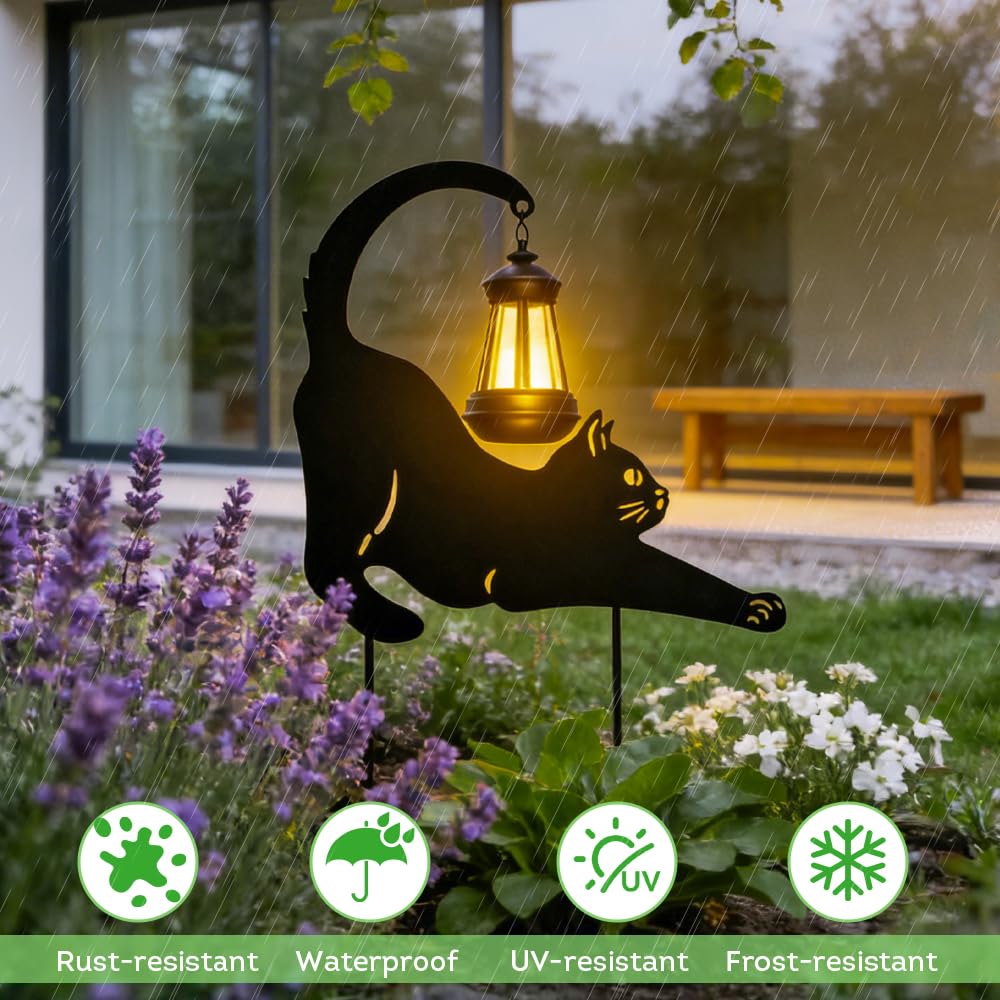 Lily's Home Black Metal Cat Garden Decor with Solar Light Lantern - Outdoor Solar Lights for Pathway & Patio - Durable Waterproof Metal - Yard & Patio Decor - Unique Gift for Cat Lovers - 18'' Tall