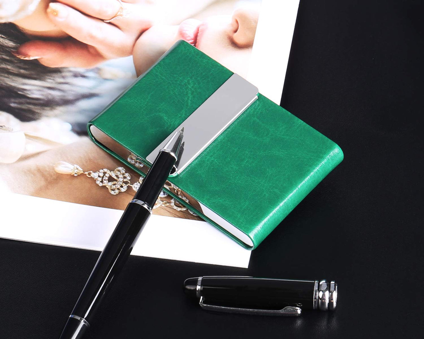 JuneLsy Business Card Holder Case - Professional PU Leather Metal Name Card Holder Pocket Business Card Carrier for Men & Women with Magnetic Shut (S-Dark green)