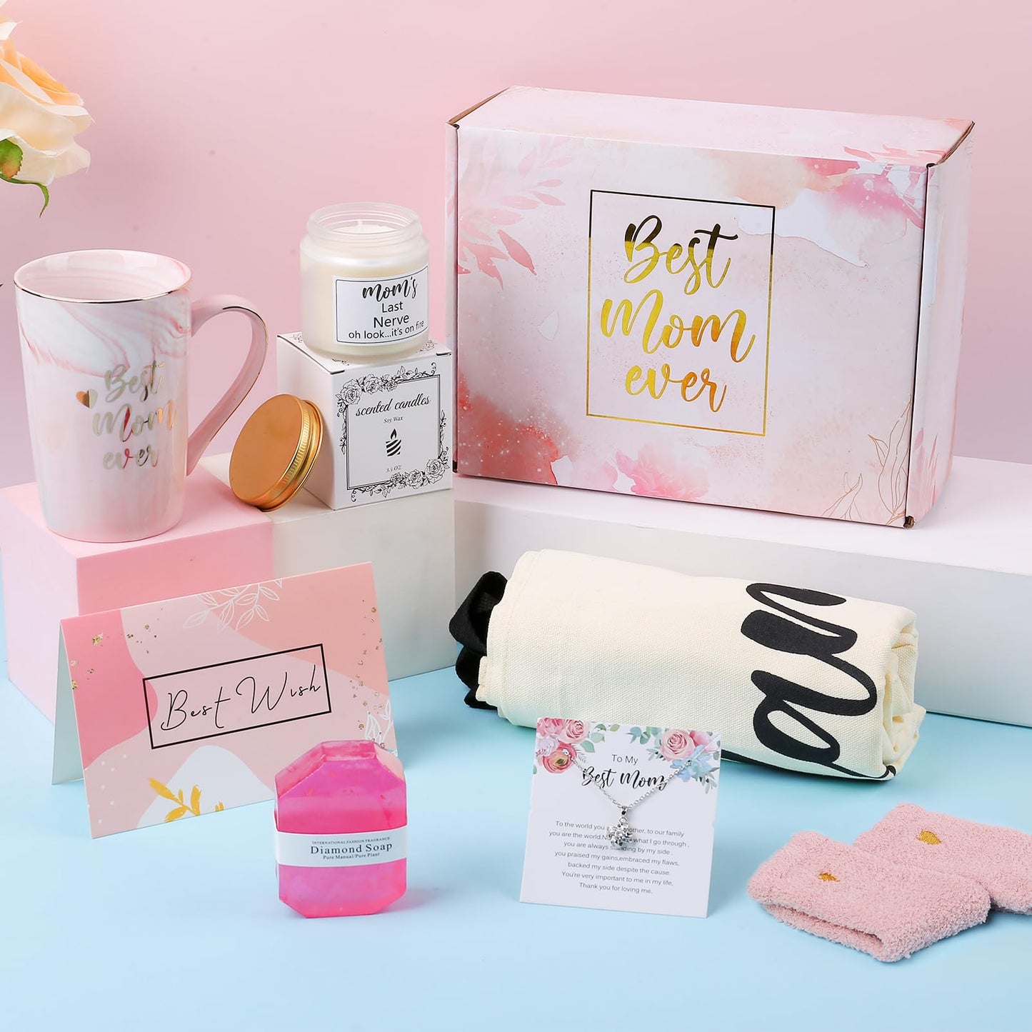 DHQH Best New Mom Gifts for Mom from Daughter Son,Gift Basket for Women Birthday Gifts for Mother-in-law Thanksgiving Presents with Candle box Tote Bag