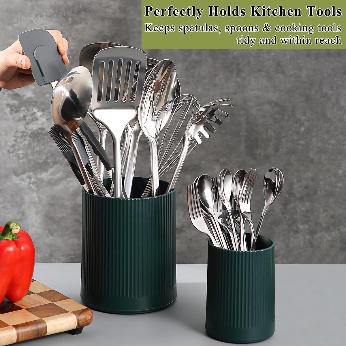 HOMQUEN 360° Rotating Utensil Holder, 6.3''+4.7'' Plastic Kitchen Utensil Holder for Countertop, Large Cooking Utensil Crocks for Kitchen Decor, Utensil Organizer for Spatula, Set of 2 (Green)