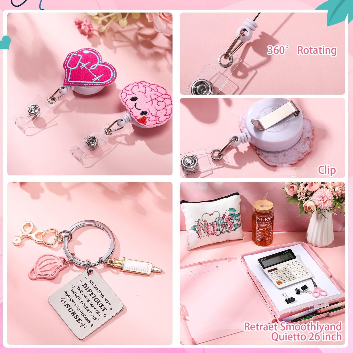 Zopeal Nurse Appreciation Gifts for Women Nursing Gifts Bulk Includes Badge Holder Reel, Tote Bag, Makeup Bag, Socks, Keychain, Cup, and Clipboards(Pink)