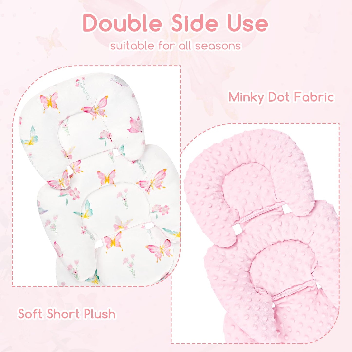 Infant Car Seat Insert for Newborn Girls Boys, Reversible Baby Carseat Head Support with Strap Pads, Soft Baby Car Seat Insert Cushion Pad for Stroller, Bouncer, Swing, High Chair, Pink Butterfly