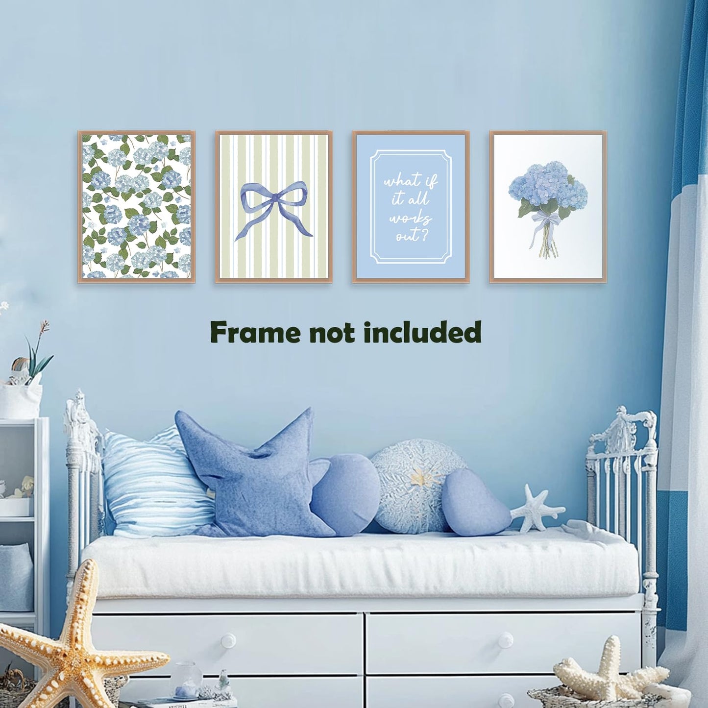 Pleonox Inspirational Coquette Blue Bow Hydrangea Floral Wall Art Prints 12x16 Inch Set of 4, Motivational Sage Green Striped Pictures Wall Decor for Girly Bedroom Room Dorm Apartment, Unframed