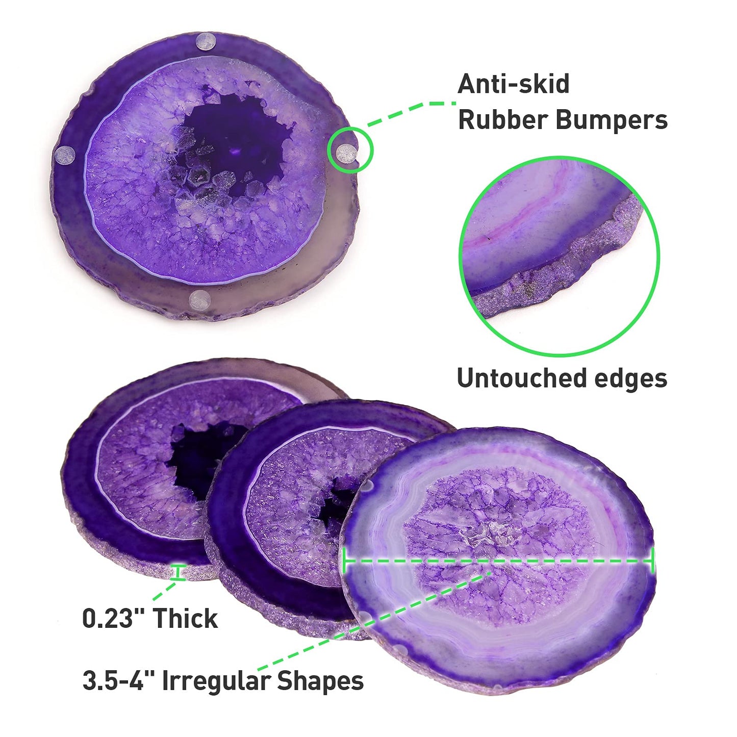 FOLKOR LIFE Purple Agate Coasters Set of 4, Natural Stone Drink Coasters with Unique Patterns, Decorative Table Coasters for Coffee Table, Bar or Desk, Housewarming Gift for Women, Friends or New Home