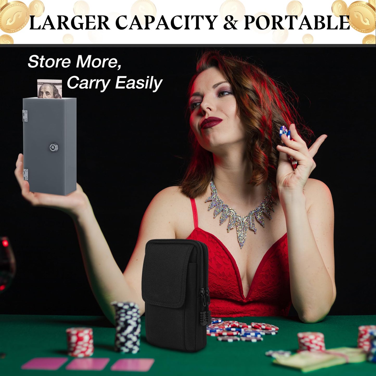 Acrylic Cash Box for Gambler 2 Pack Large and Small, Grey Winners Bank with Keys, Slot, Storage Bag, Waist Bag, Portable Casino Money Organizer Safe Lock Box for Gamblers, Christmas Gift for Men