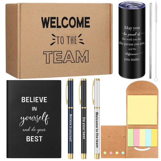 Teenyyou 7 Pcs New Employee Welcome to The Team Gift Set for Him or Her Welcome to The Team Gift Box Holiday Gifts Include 20oz Tumbler Notebook Pens and Sticky Note for New Employee Worker(Black)