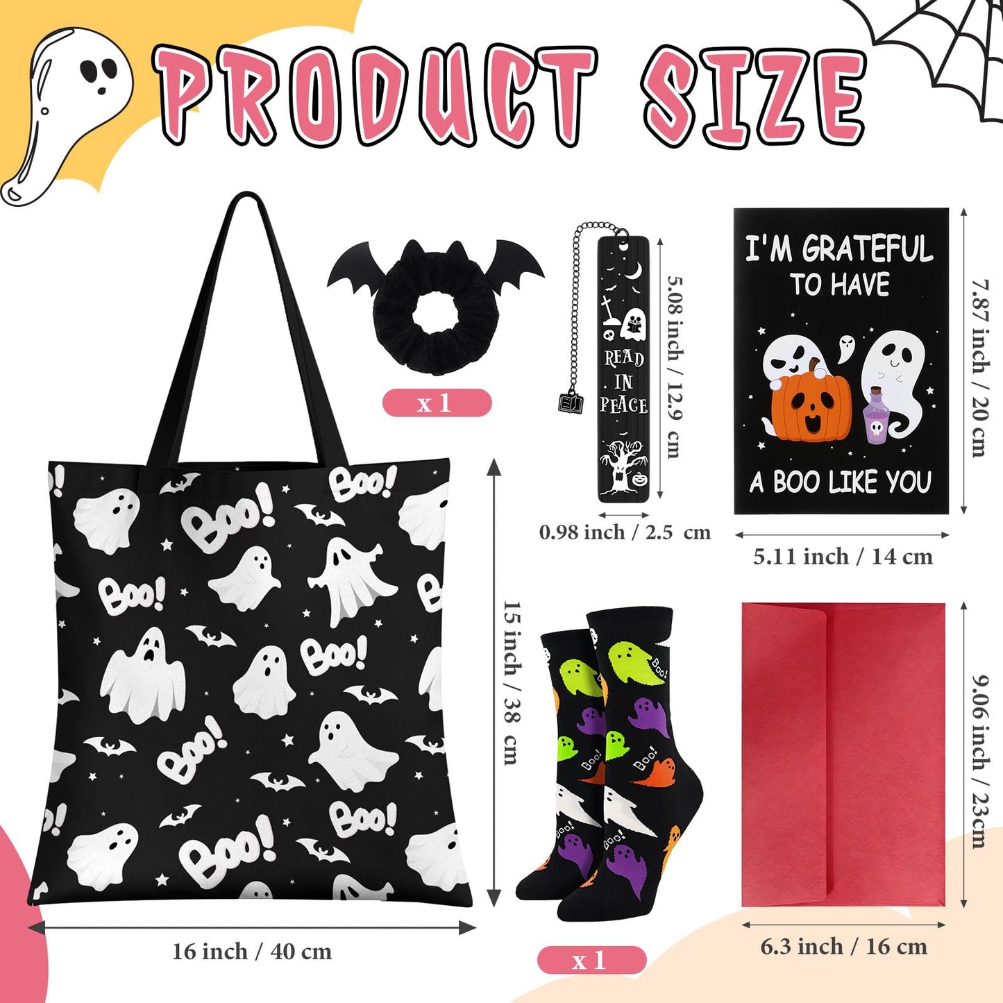 Paterr 5 Pcs Halloween Boo Basket Gift Set Spooky Tote Bag Cute Bookmarks Ghost Socks Bat Scrunchy Greeting Card Boo Basket Stuffer for Women