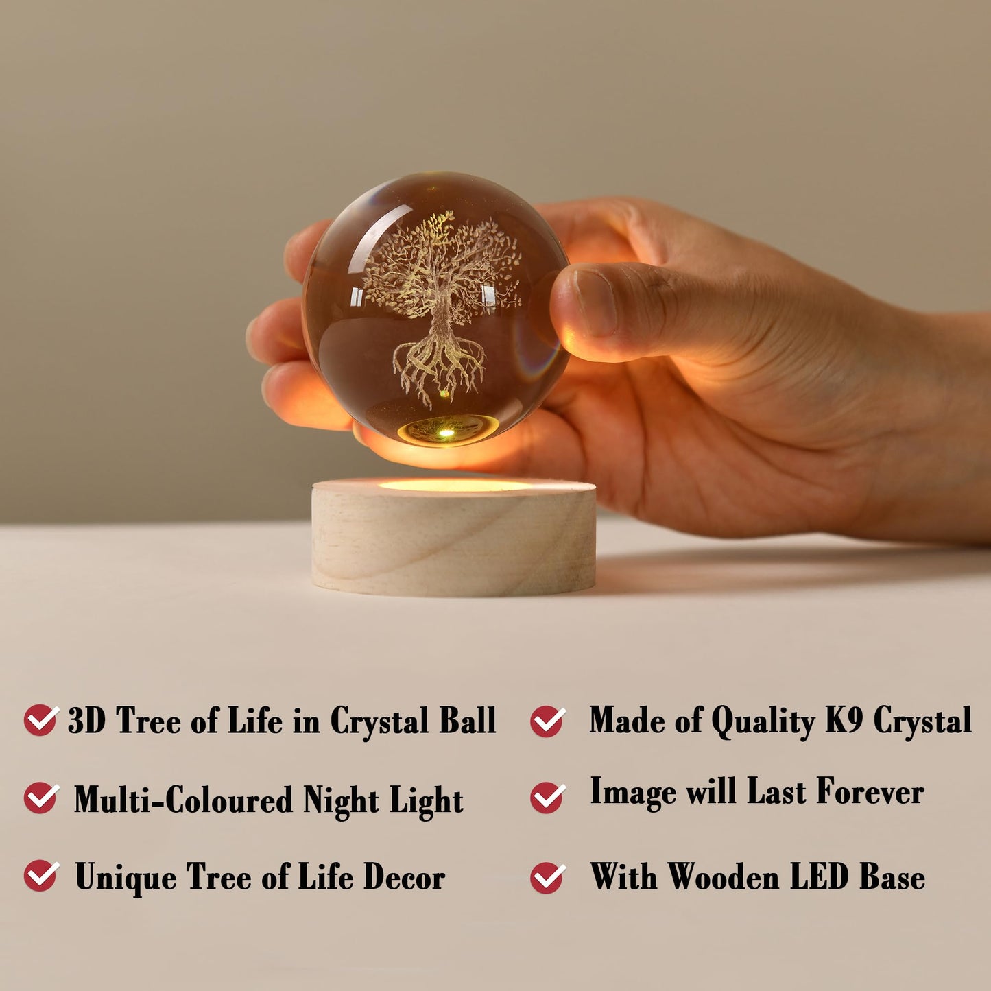 IFOLAINA Tree of Life Crystal Ball with Lighted Base Laser Engraved Glass Ball Tree of Life Night Light Decorative Globes 3D Crystal Plant Sphere Gifts for Her Birthday