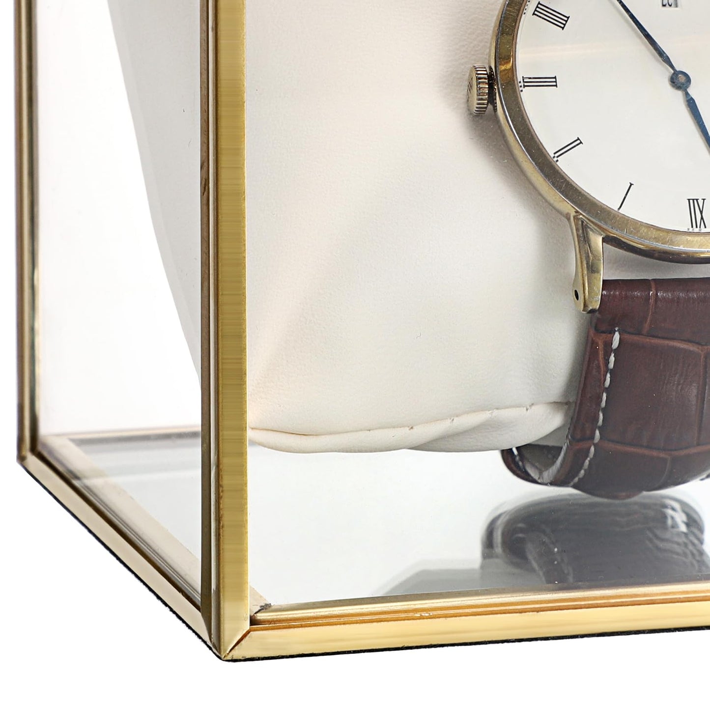 JUXYES Clear Glass Watch Display Case with 3 Slots, Luxury Brass Glass Watch Organizer Holder Stand with White Watch Pillow, Modern Transparent Watch Collection Box for Men and Women, Gold