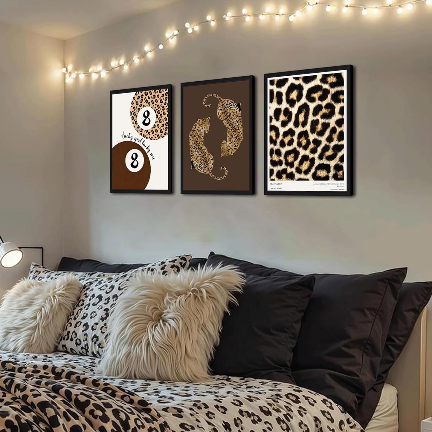 Framed Leopard Wall Art Set of 3, Preppy Cheetah and Lucky 8 Ball Canvas Prints, Trendy Y2K Girly Wall Decor for Teen Girls Bedroom, Bathroom, Dorm, Living Room, 12x16 Inch
