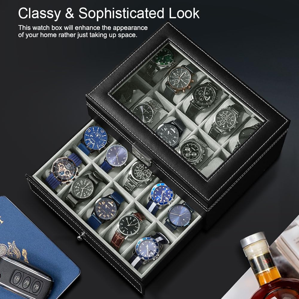 J&T Technology 20-Slot Watch Box for Men,2 Layers Watch Box Organizer,Watch Display Case with Glass Lid,Watch Holder Organizer with Removable Pillows,Gift for Loved Ones(20 Slot)