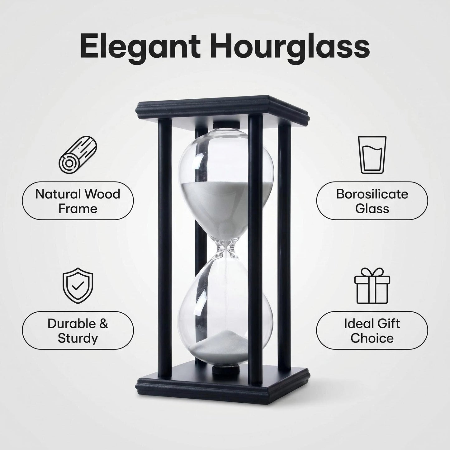 JIEHET Hourglass Sand Timer 15 Minutes, Hour Glass with Sand Decoration for Kids, Sand Clock Watch for Room Birthday Tea Coffee Table Book Shelf School Game Ornament Wooden (White Sand)