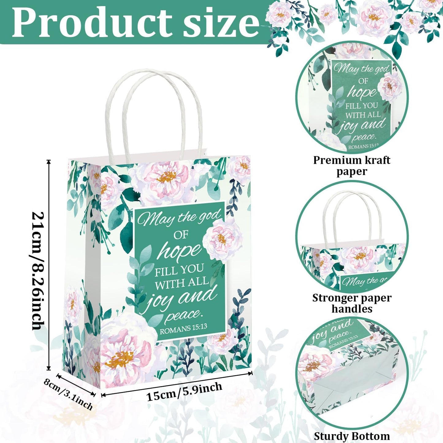 24 Pcs Religious Gift Bags Bible Gift Paper Bags with 24 Tissues Bible Verse Paper Bags with Handles Inspirational Flower Christian Gift Bags Bulk for Women Birthday Wedding Baptism Spring Party Favor