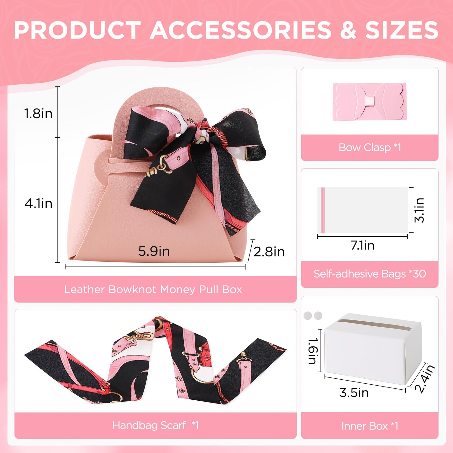 2PCS Money Pull Box for Cash, Leather Surprise Money Boxes with Ribbon Mini Money Pull Bags with 30 Pcs Transparent Bags for Birthday Party Christmas (Pink)