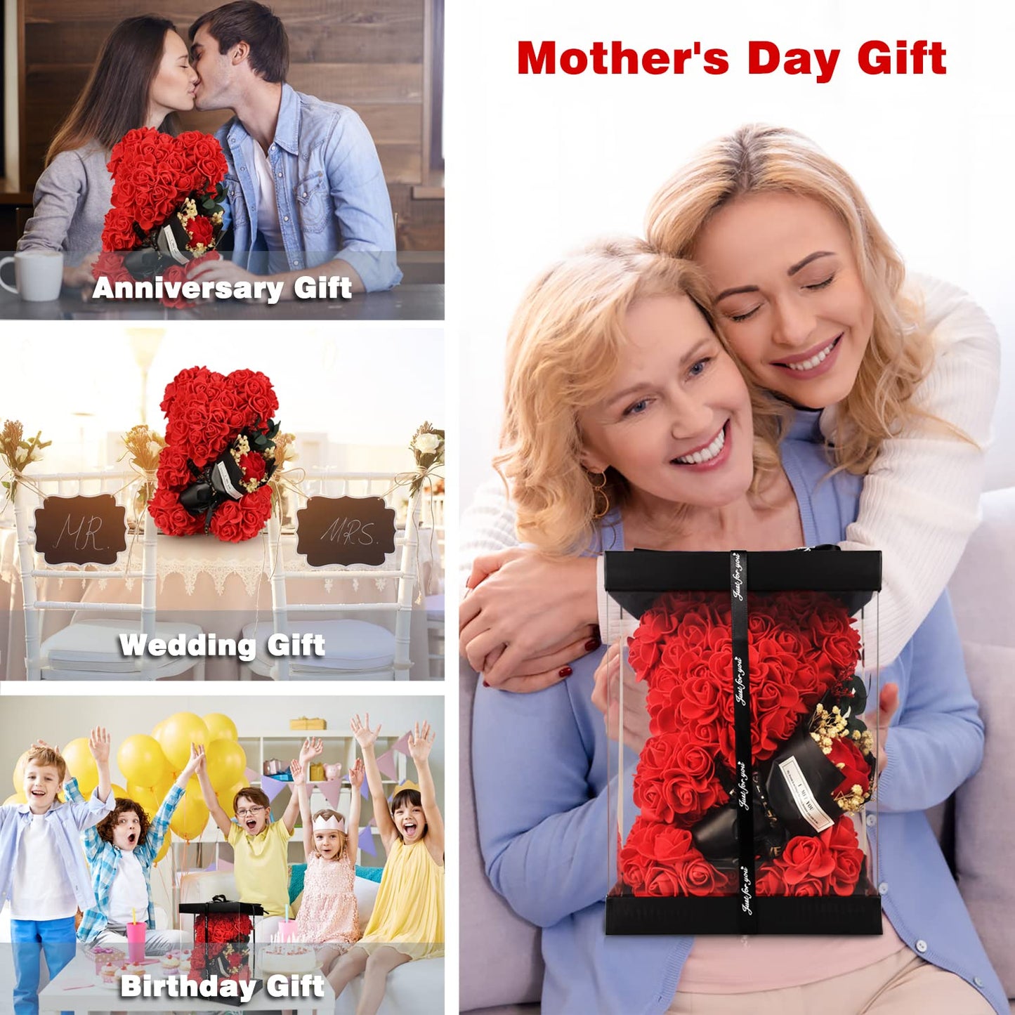 Mothers Day Rose Bear Gifts for Mom - Romantic Forever Preserved Roses Floral Teddy Bear Rose Bear, Eternal Love Keepsake Gifts for Girlfriend/Wife - Anniversary & Birthday Gifts for Women