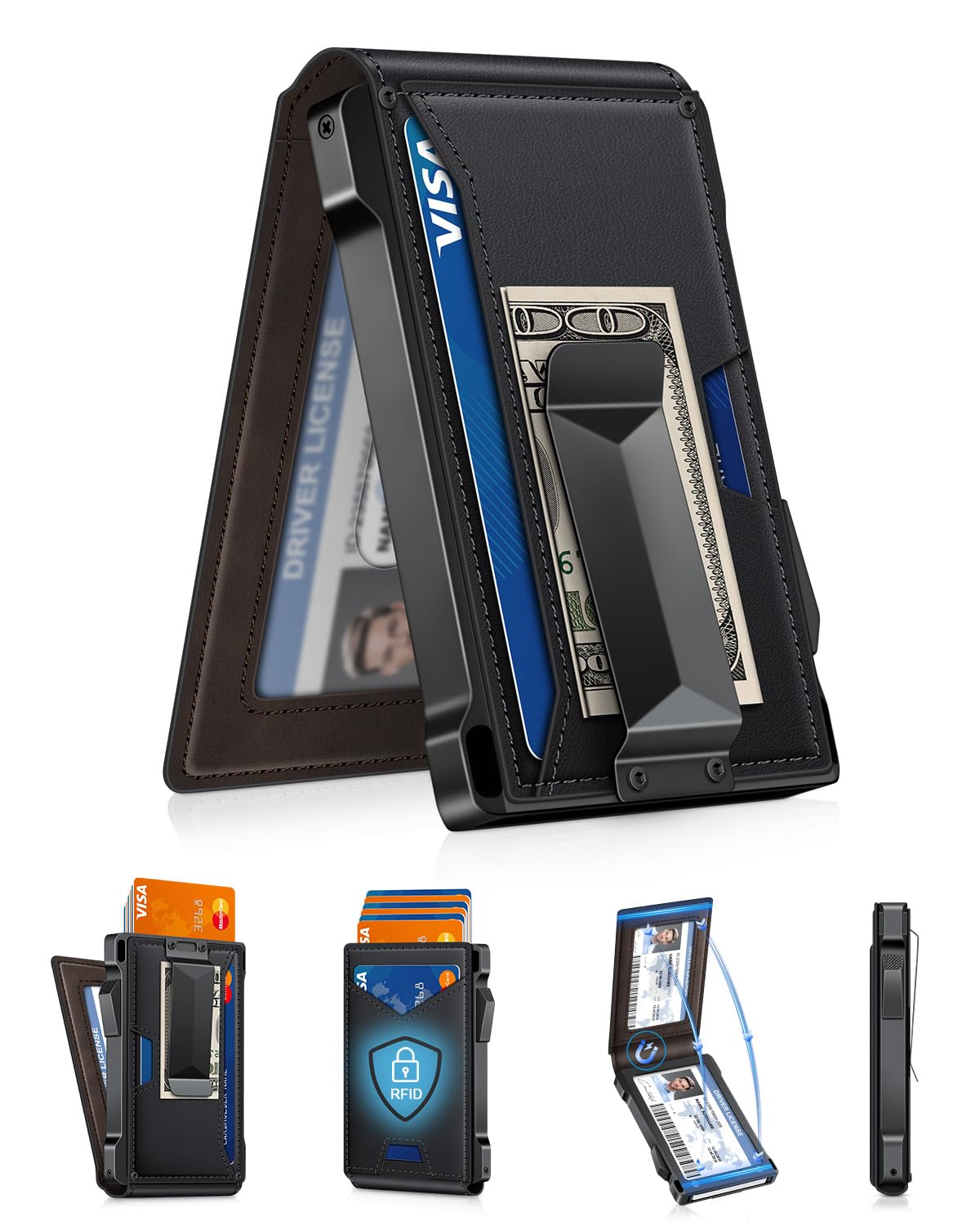 Wallet for Men RFID Wallet with 2 ID Windows & Money Clip, Slim Pop Up Card Holder for 10-12 Cards, Bifold Minimalist Smart Wallet for Front Pocket, Compact Metal Credit Card Holder, Gifts for Men