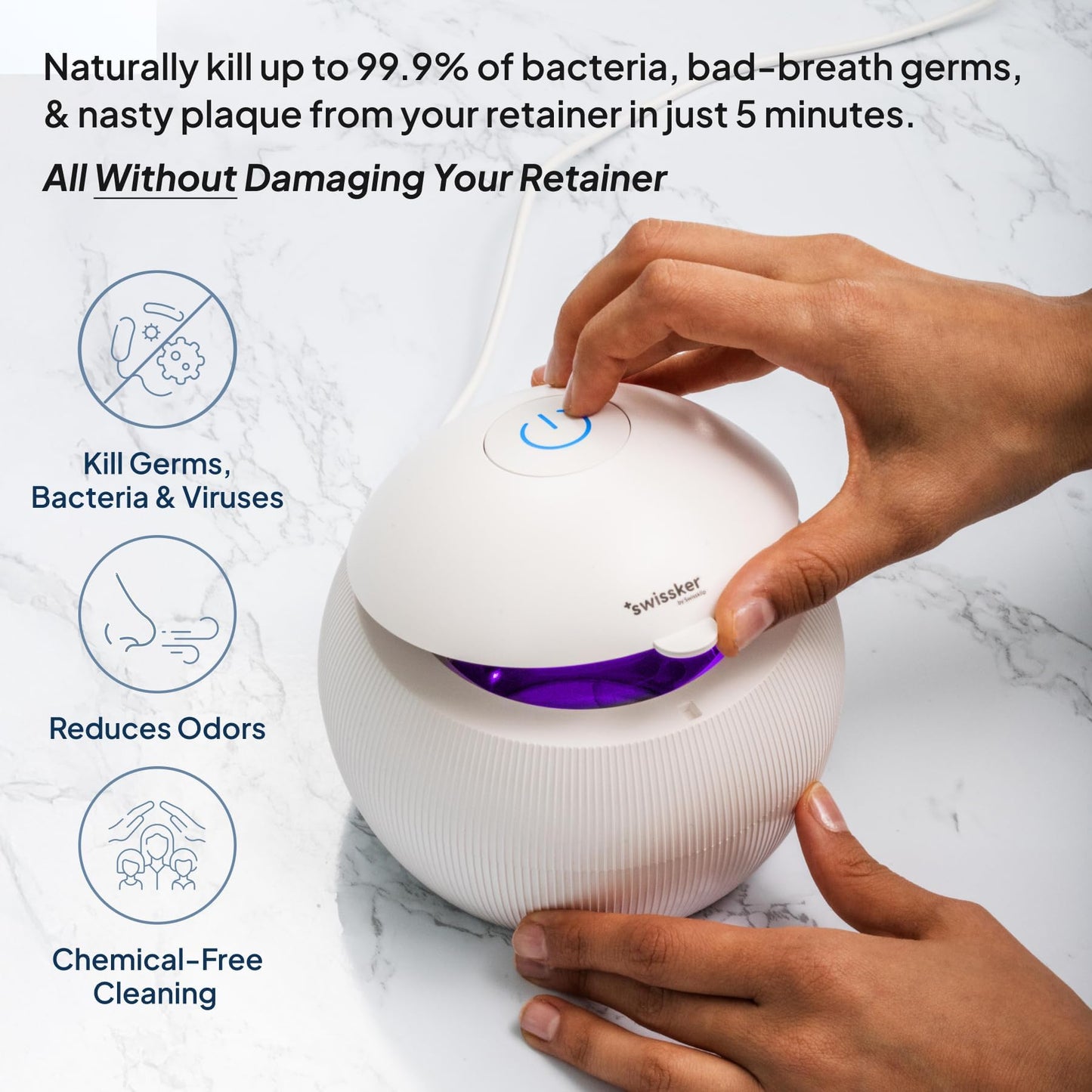 Swissker by Swissklip ShinePod Ultrasonic Retainer Cleaner Machine – Dental Pod Ultrasonic Cleaner for Dentures, Aligners, Mouth Guards, Invisalign Cleaning – UV Sterilization – White