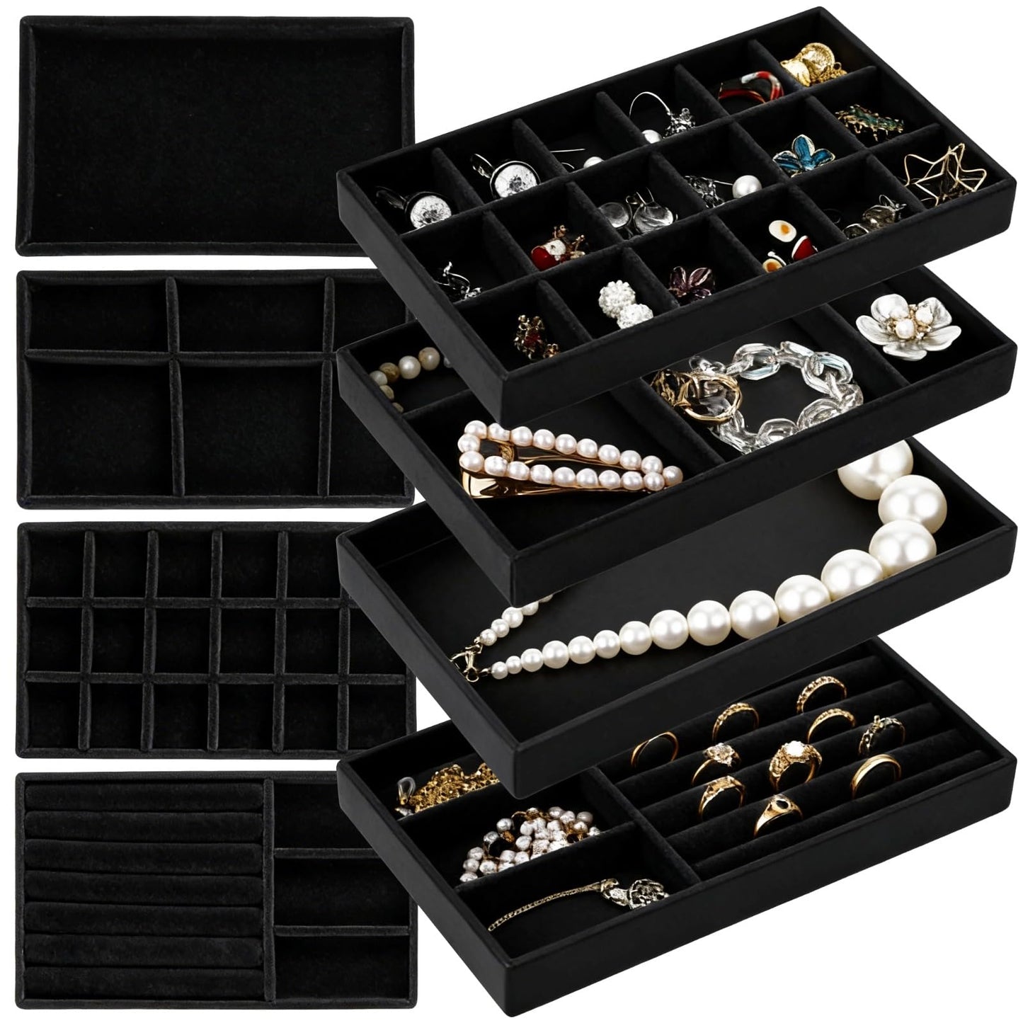 Homaisson Jewelry Drawer Organizer, Velvet Jewelry Tray, Multiple Compartment Layout, Set of 4 Jewelry Organizer for Rings, Earrings, Bracelets, Necklaces (Black)
