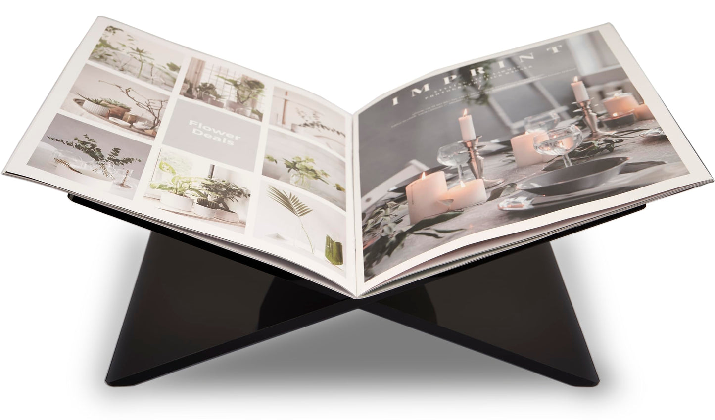 Honygebia Black Acrylic Book Stands - Cross Frame Acrylic Book Holder, Open Bookstand for Display and Reading, Suitable for Art, Bible, Cookbook, Easel, Magazine, Textbooks 12.5" x 9.5" x 5.5"