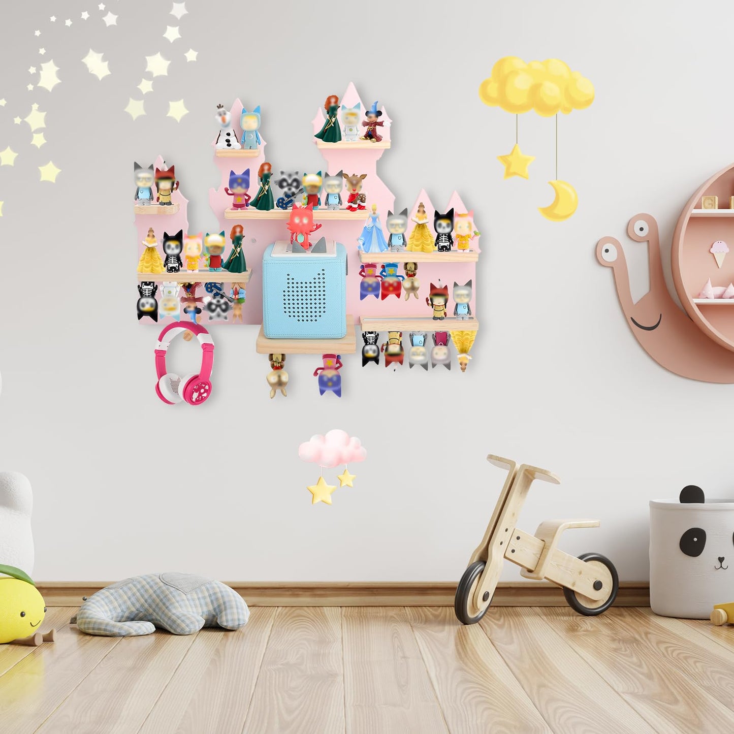 for Toniebox 2 and Toniebox 1 Tonie Shelf Wall Mounted Set,Tonies Figures Tonies Storage,Magnetic Wooden Floating Shelves Compatible with Tonie box Player Character for Children Room (pink-castles)