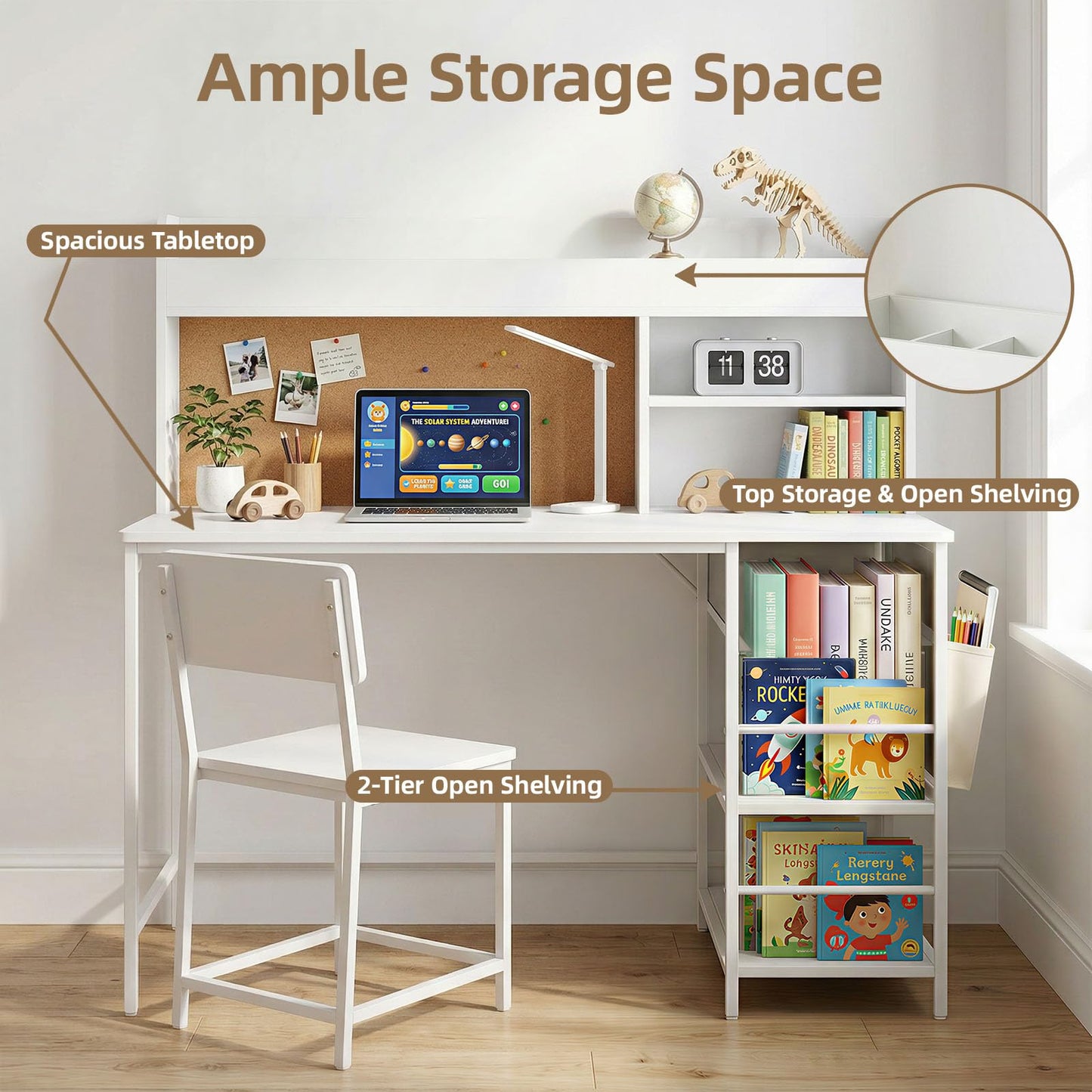 DHZ Kids Desk and Chair Set with Storage, Children Study Table with Bulletin Board, Side Pouch Organizer for Art Supplies, Kids Study Desk with Hutch for 5-12 Homework, Reading, Art Activities