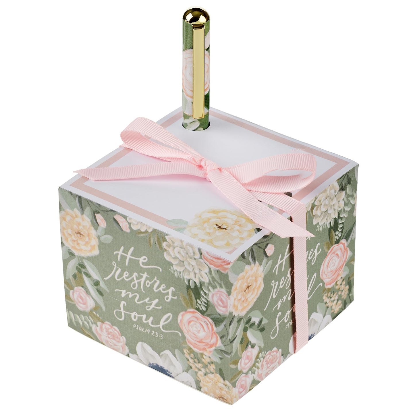Christian Art Gifts Premium Inspiring Scripture Note Block Cube & Pen Set for Women: He Restores My Soul Encouraging Bible Verse, 750 Paper Sheets, Home & Office, White/Pink/Green Multicolor Florals