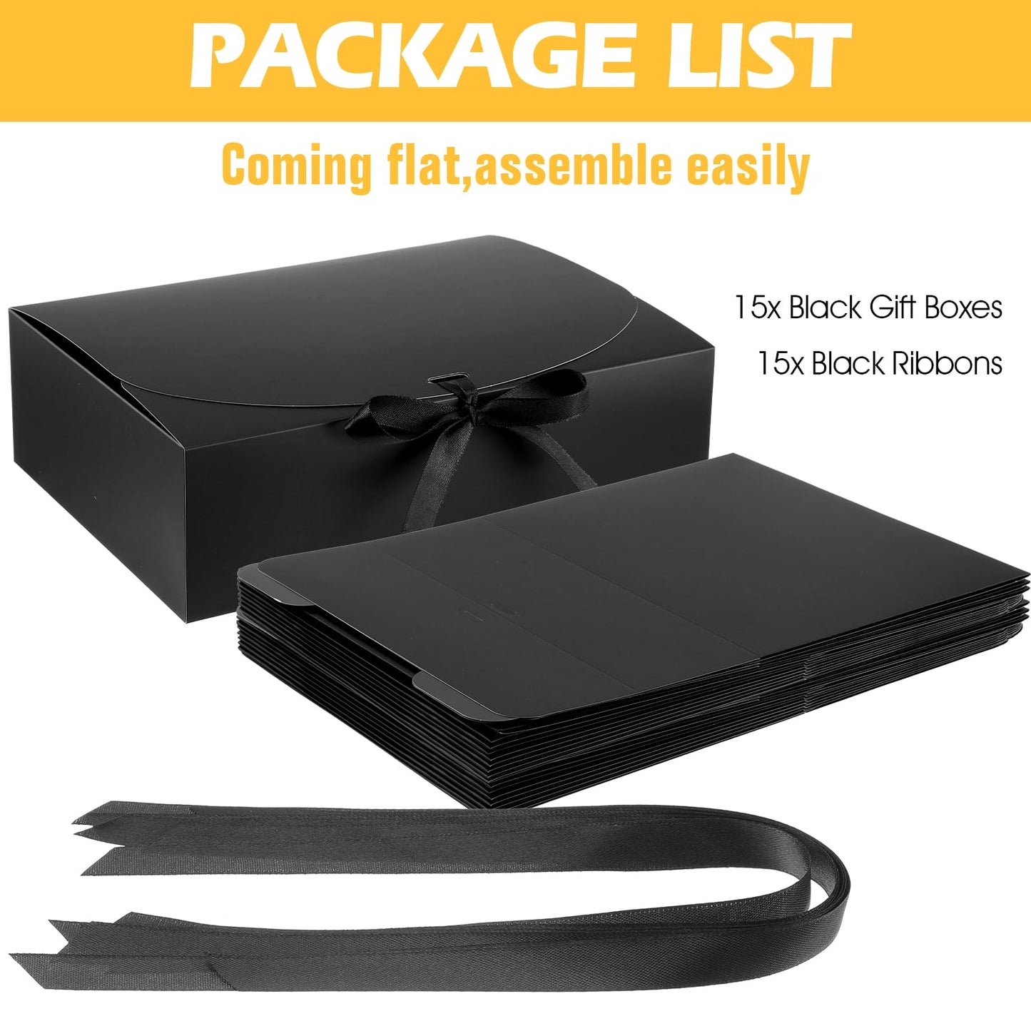 AojSup 15 Pack Gift Boxes with Lids for Presents, Black Present Boxes for Gifts, Paper Box with Ribbon for Wedding Christmas Birthday Baby Shower Party Favors, 10.6 x 7.8 x 3.1 Inches