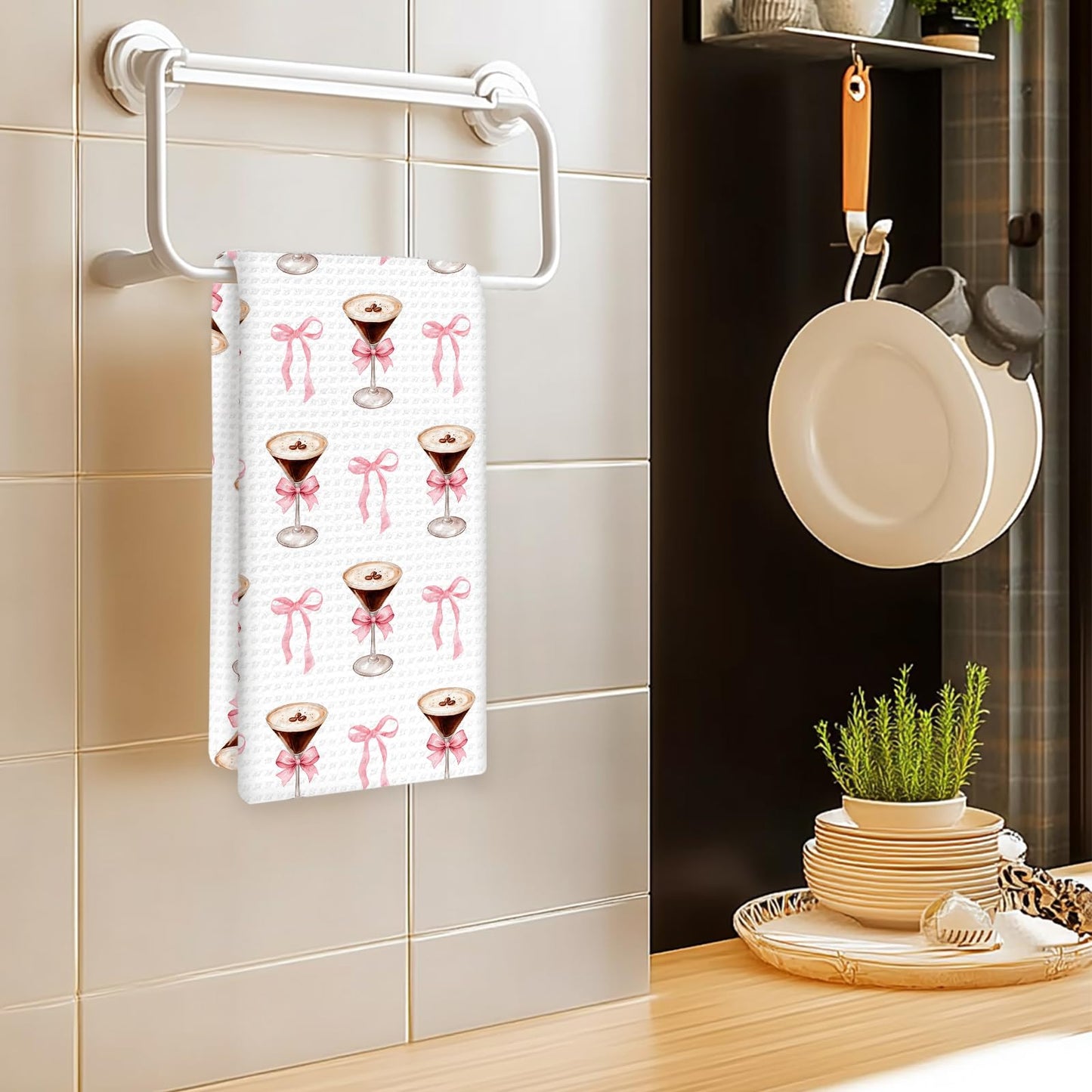 OINDADE Espresso Martini Decor Kitchen Towels Set of 2 - Coquette Bow Espresso Martini Gifts Hand Towel, Pink Bow EspressoMartini Dish Tea Towels for Kitchen Home Bar Cart Decor, 16x24In