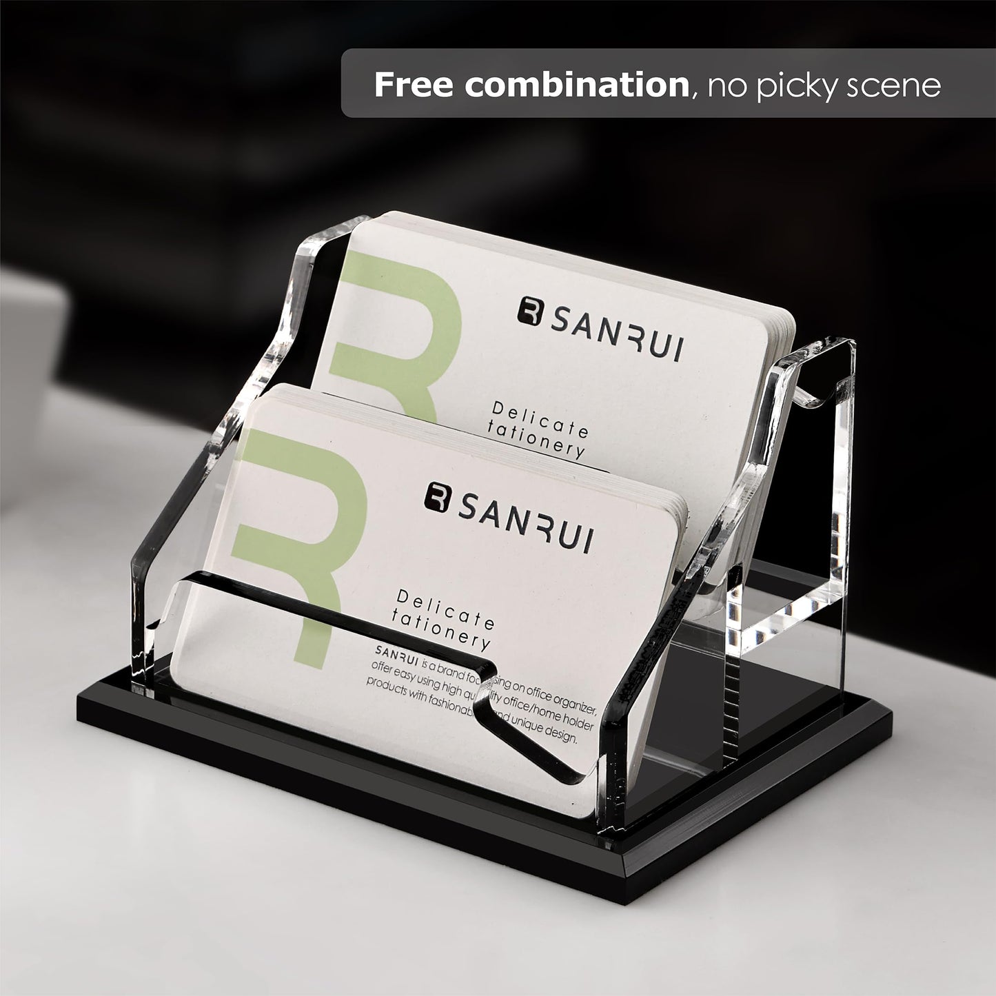 SANRUI Black Business Card Holder for Desk 2 Slot , Clear Acrylic Horizontal Name Card Stand for Women and Men, Desktop Organizer Display for Office Home Exhibition - 120 Card Capacity 1 Pack