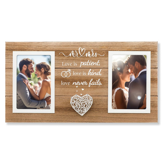 SOUHONEY Wedding Gifts for Couples 2026, Bridal Shower Gifts for Bride to Be, Wedding Picture Frame for Couple - Double 4x6 Pictures Frame - Wooden Couples Newlyweds Picture Frame with Heart Mr& Mrs