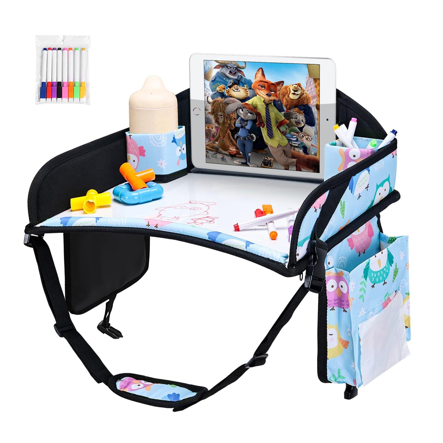 WENRENER Kids Travel Tray, 3PCS Car Seat Tray for kids Travel, Toddler Road Trip Essentials With Drawing Kit, Toddler Lap Desk Organizer for Car, Carseat Table for Airplane