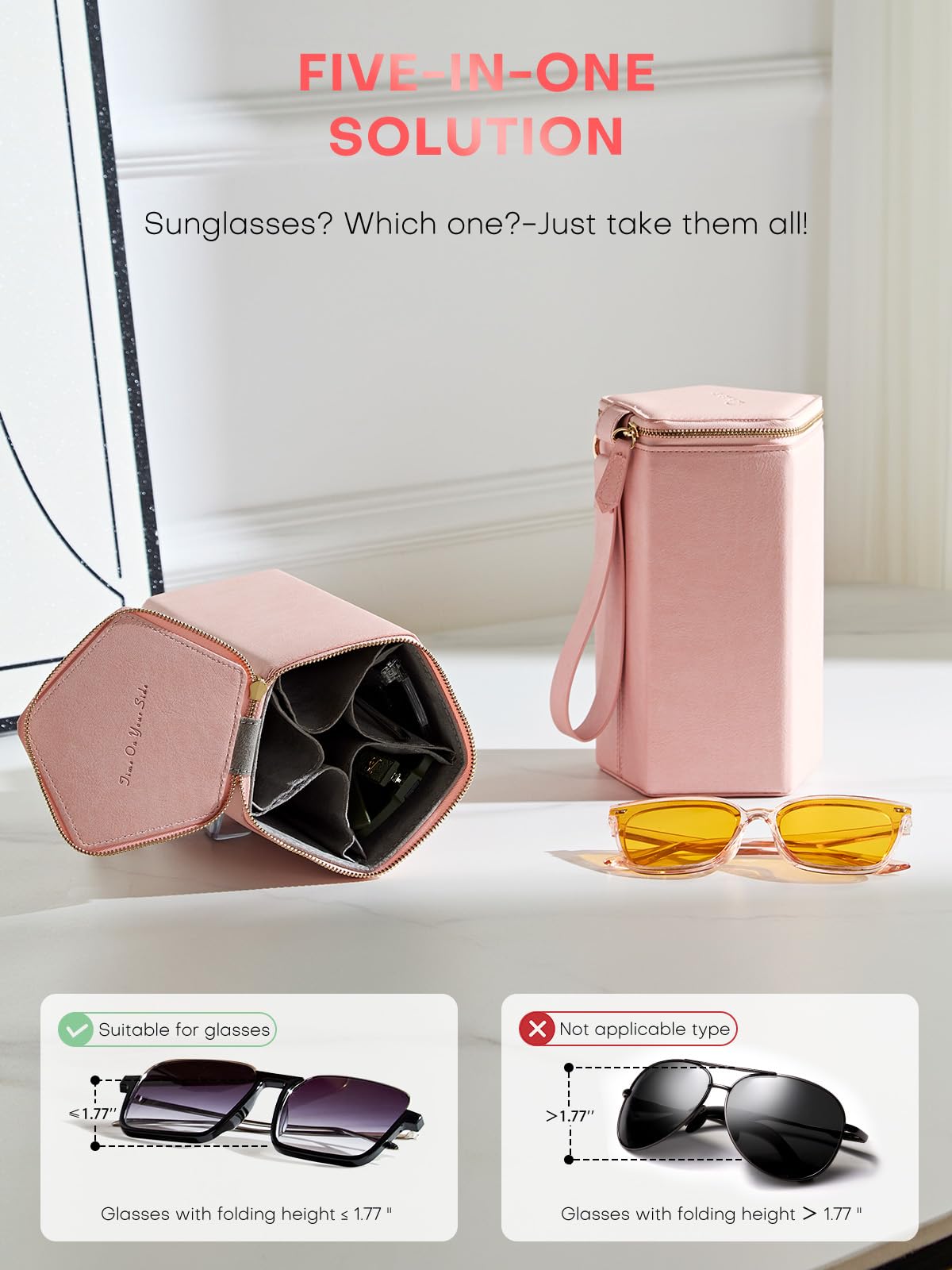 cloudever Sunglasses Travel Case Organizer with Zipper, 2024 New Trends 5 Slots for Men and Women, Eyeglasses Travel Case Storage Holder Organizer(Pink)