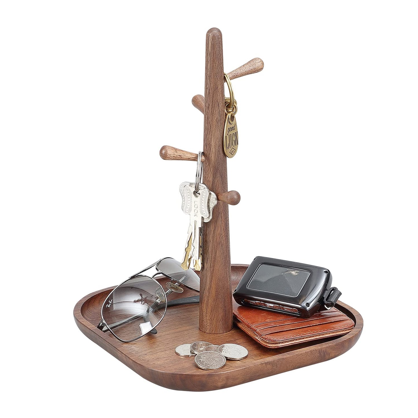 CAMLOT 4 Tiers Wooden Key Holder with Tray,Wood Decorative Organizer in Entryway for Keys, Wallet and Small Stuff, Jewelry Hanging Stand Display on Dresser (Walnut) (4 Tiers)