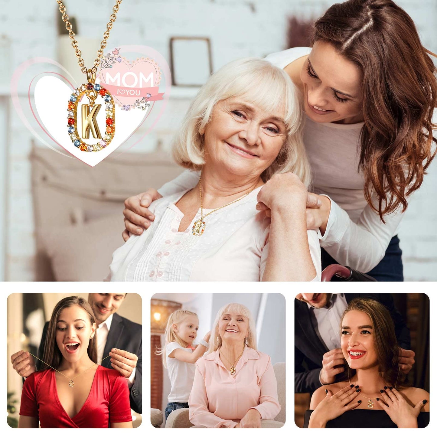 Mothers Day Birthday Gifts for Mom Women, Preserved Real Rose with Initial Necklace K, Forever Rose Jewelry Gift Box, Personalized Gifts for Women, Grandma, Wife, Girlfriend