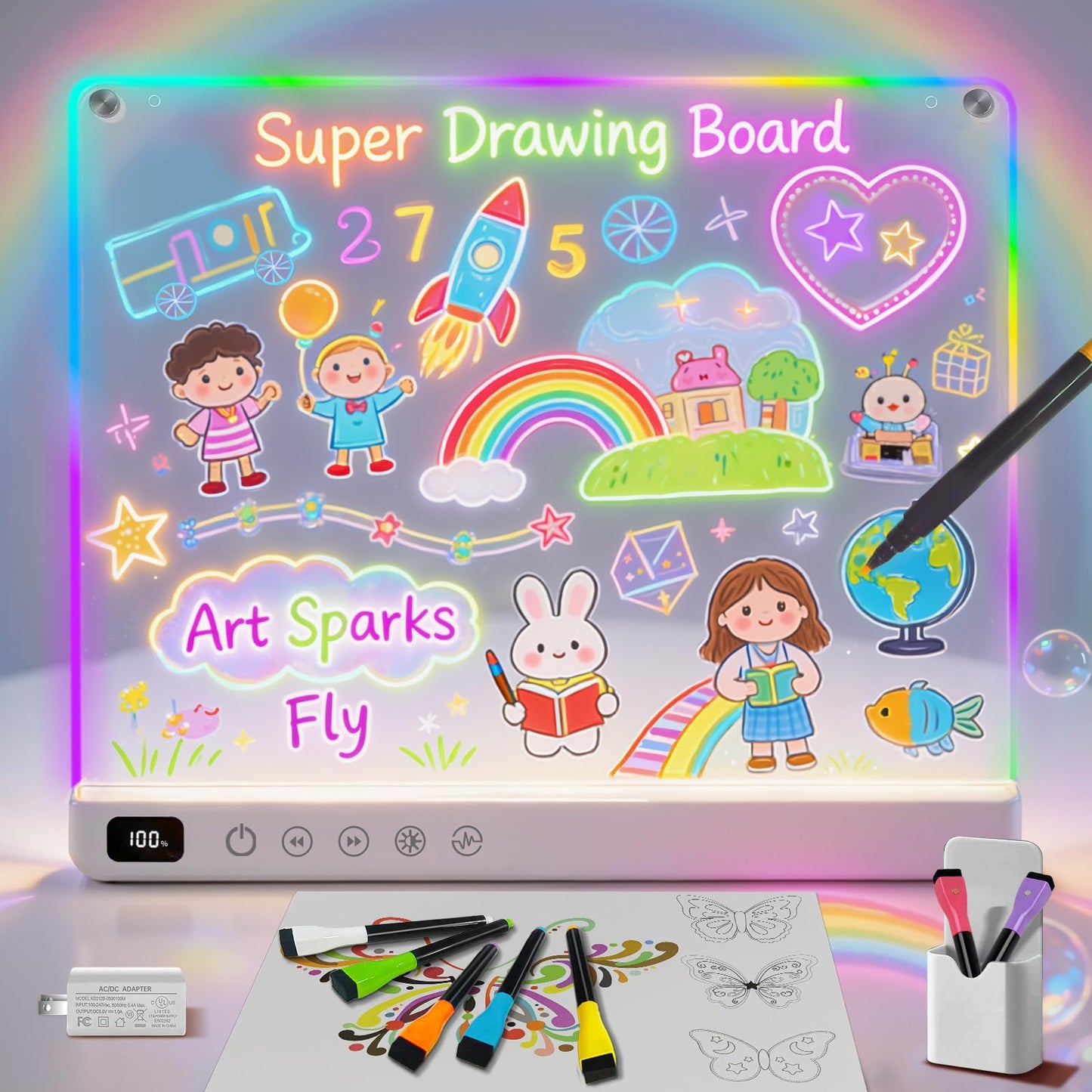 16" Rechargeable Led Drawing Board for Kids with 13 Light Effect, Glow Doodle Acrylic Dry Erase Board-Built-in Stand, Light Up Drawing Tablet Chalkboards for Kids, Gifts for Girls/Teen, 7 Markers