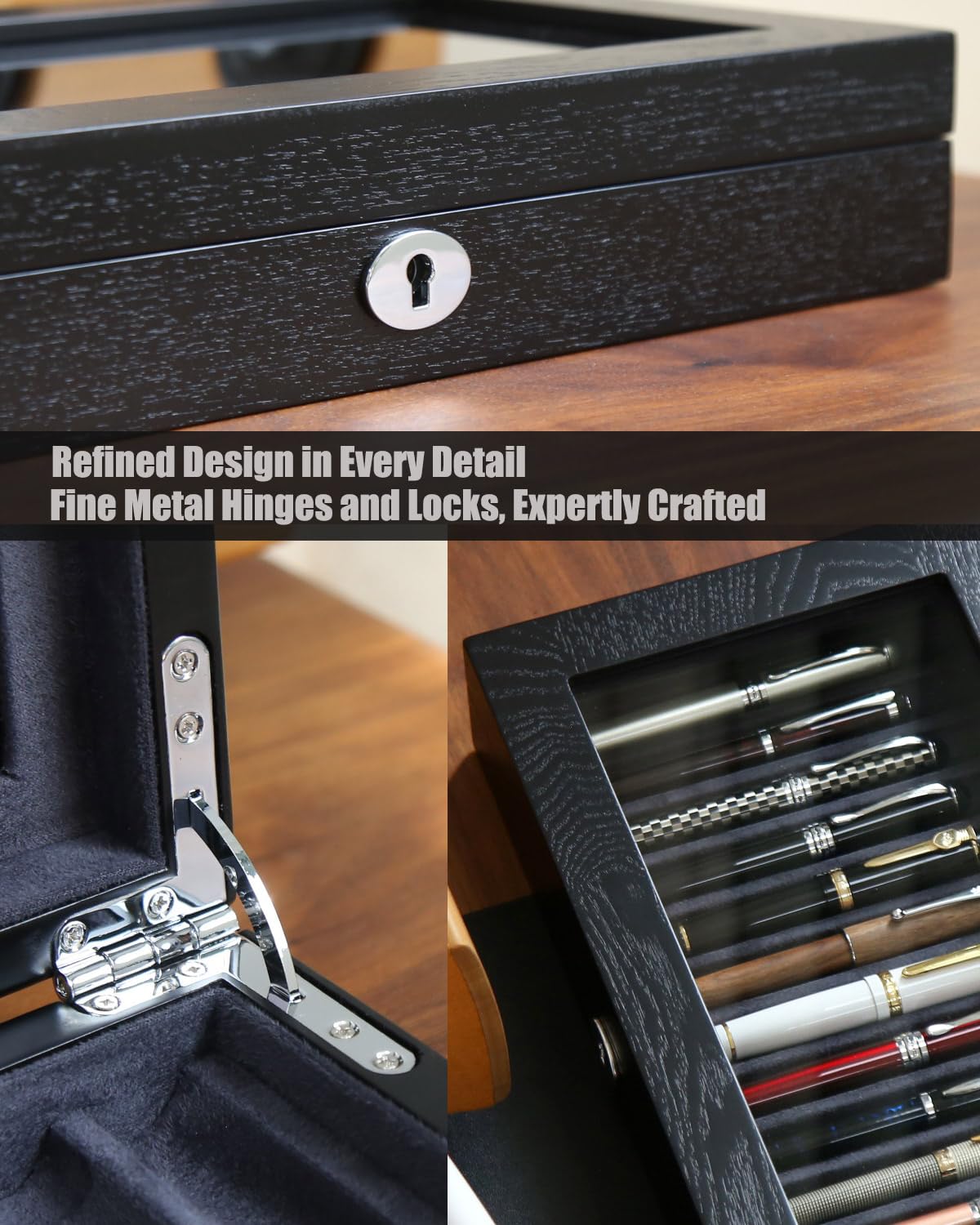 Besforu 12-Slot Fountain Pen Collector Case – Lockable Wooden Organizer with Glass Display Top, Premium Storage Box for Writing Instruments and Gift for Men