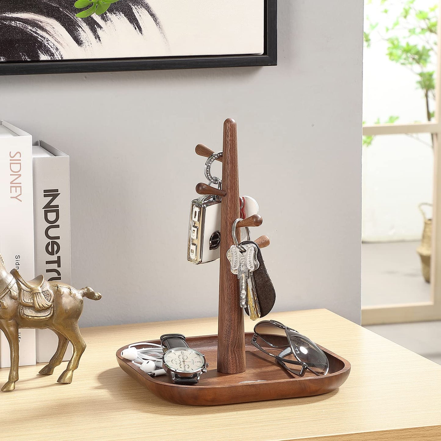 CAMLOT 4 Tiers Wooden Key Holder with Tray,Wood Decorative Organizer in Entryway for Keys, Wallet and Small Stuff, Jewelry Hanging Stand Display on Dresser (Walnut) (4 Tiers)