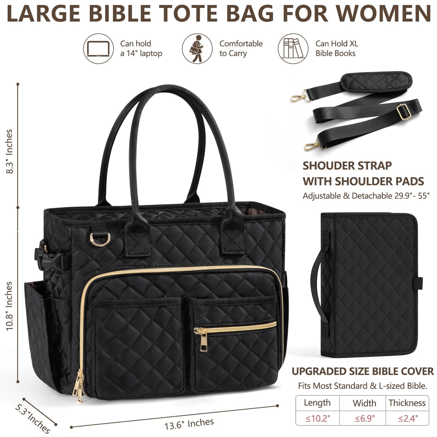 Large Bible Bag with Bible Cover Case for Women, Quilted Church Tote Bag Carrying Case w/Shoulder Strap Bible Study Supplies Journaling Kit Accessories Mothers Day Christian Gift for Women Mom Teacher
