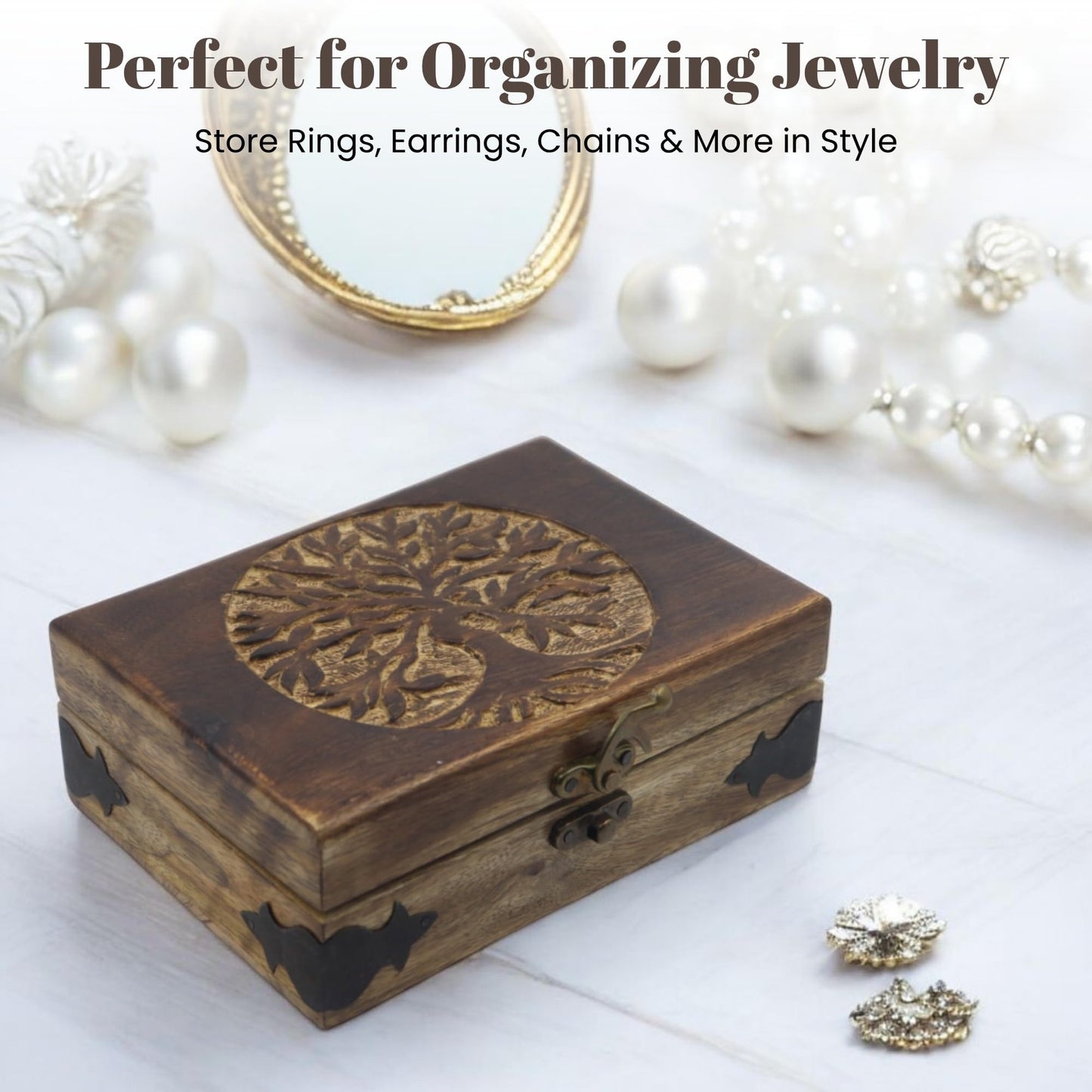 Hind Handicrafts Handmade Wooden Jewelry Box with Tree of Life Engraving – Antique Handcarved Keepsake Organizer for Women & Men | Solid Wood Storage Box for Jewelry, Trinkets, Gifts & Home Décor