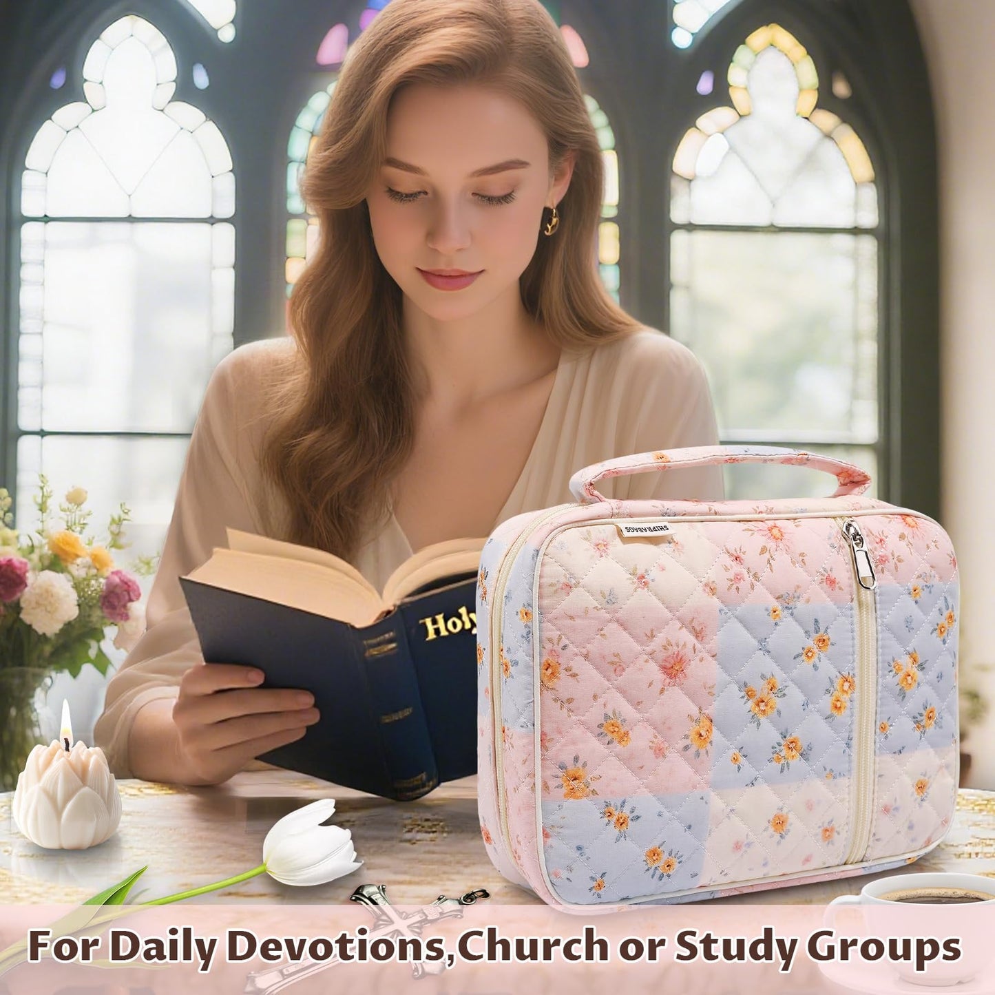 shirabags Quilted Bible Cover Case for Women - Elegant Cotton Bible Bag for Study, Church, Christian Gifts for Women (Blue pin, M)