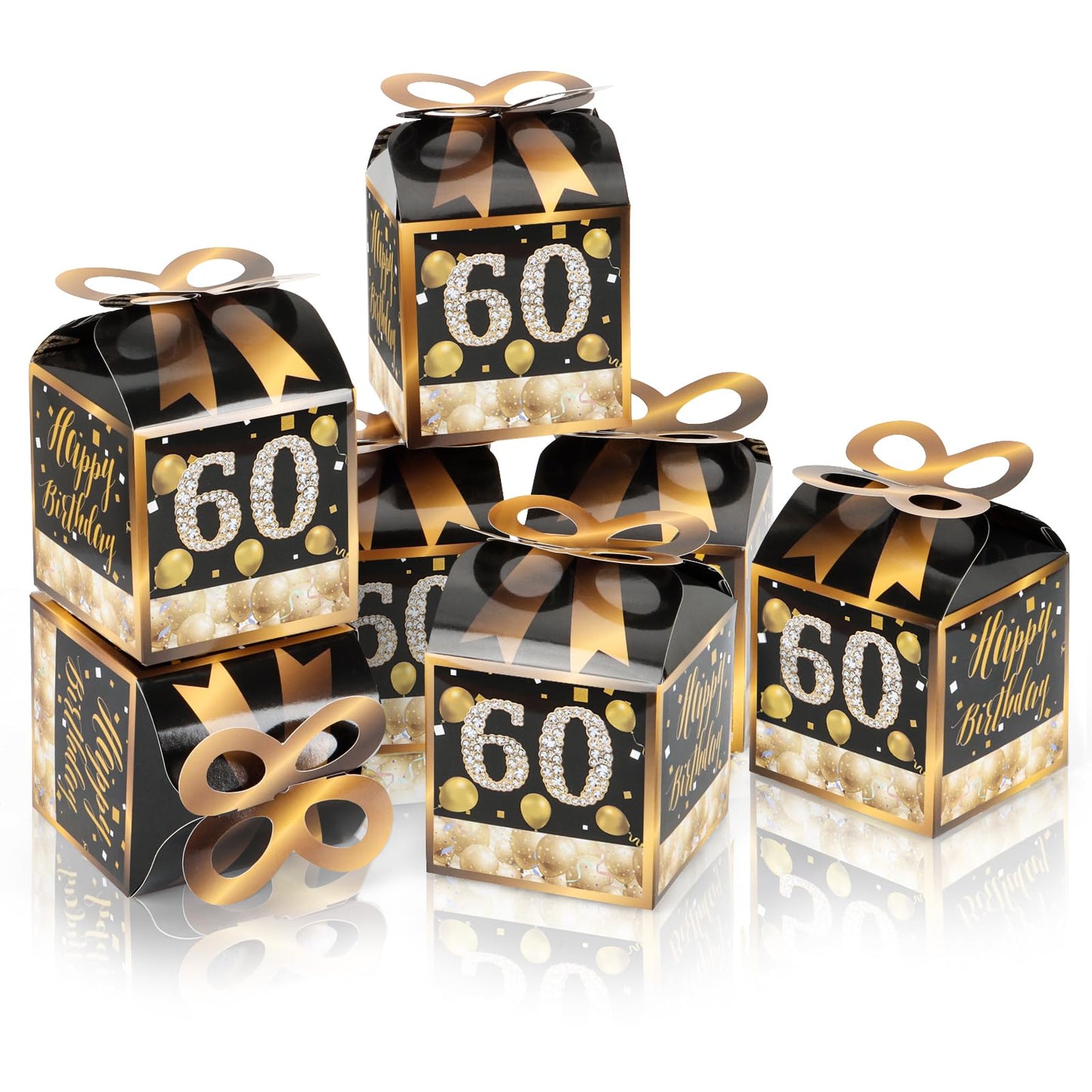 Qonmpcvu Square Boxes For Gifts, Black And Gold Decorations Box,60th Birthday Favor Bags, 60th Party Favors Gifts Box, Favor Boxes For Party, Black And Gold Happy Birthday Bags With Candy (BLACK Gold, M)