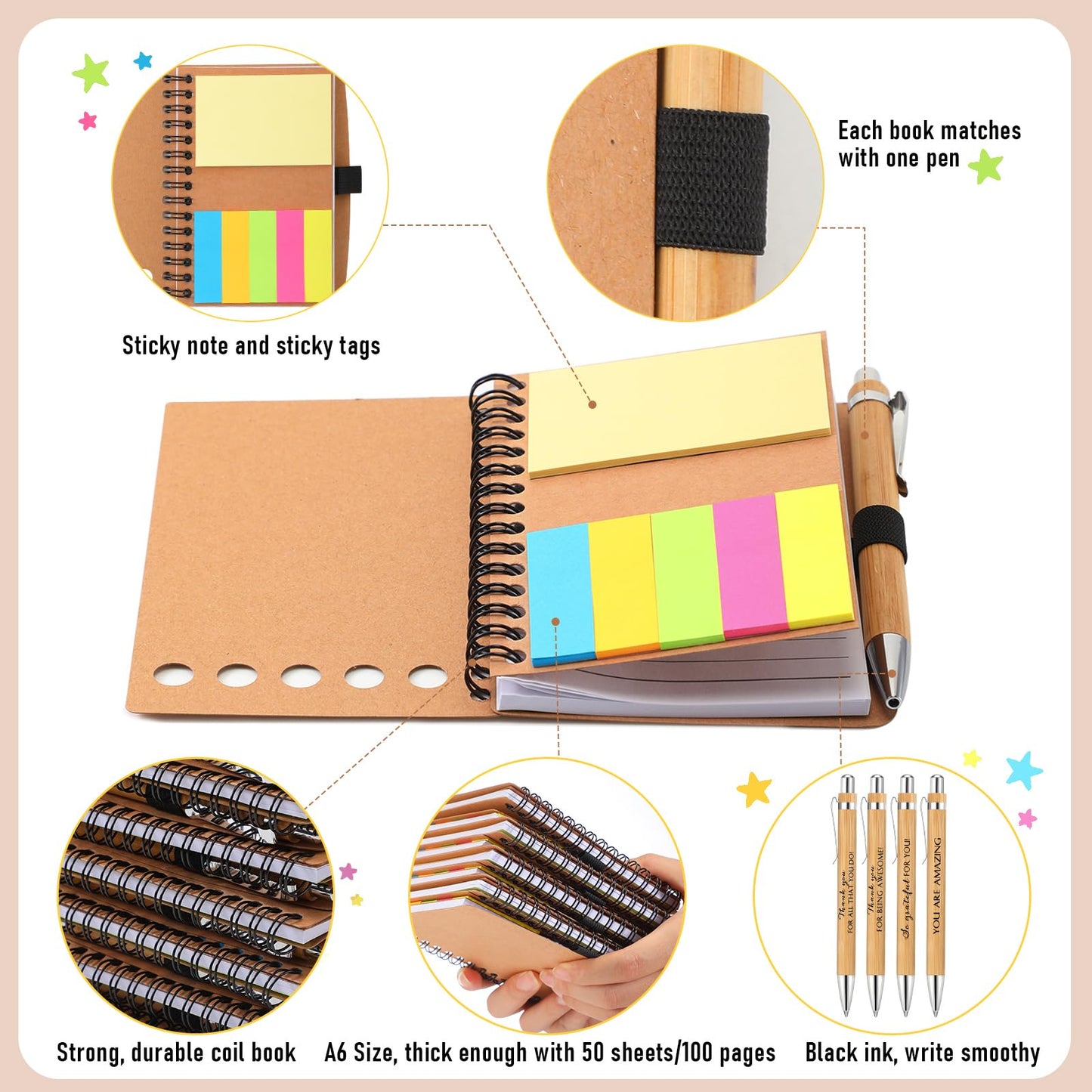 Honoson 10 Set Employee Appreciation Gifts Bulk Inspirational Notebook with Sticky Note and Bamboo Pen Set Thank You Gifts for Coworkers Team Staff Group Office Teacher (Kraft)