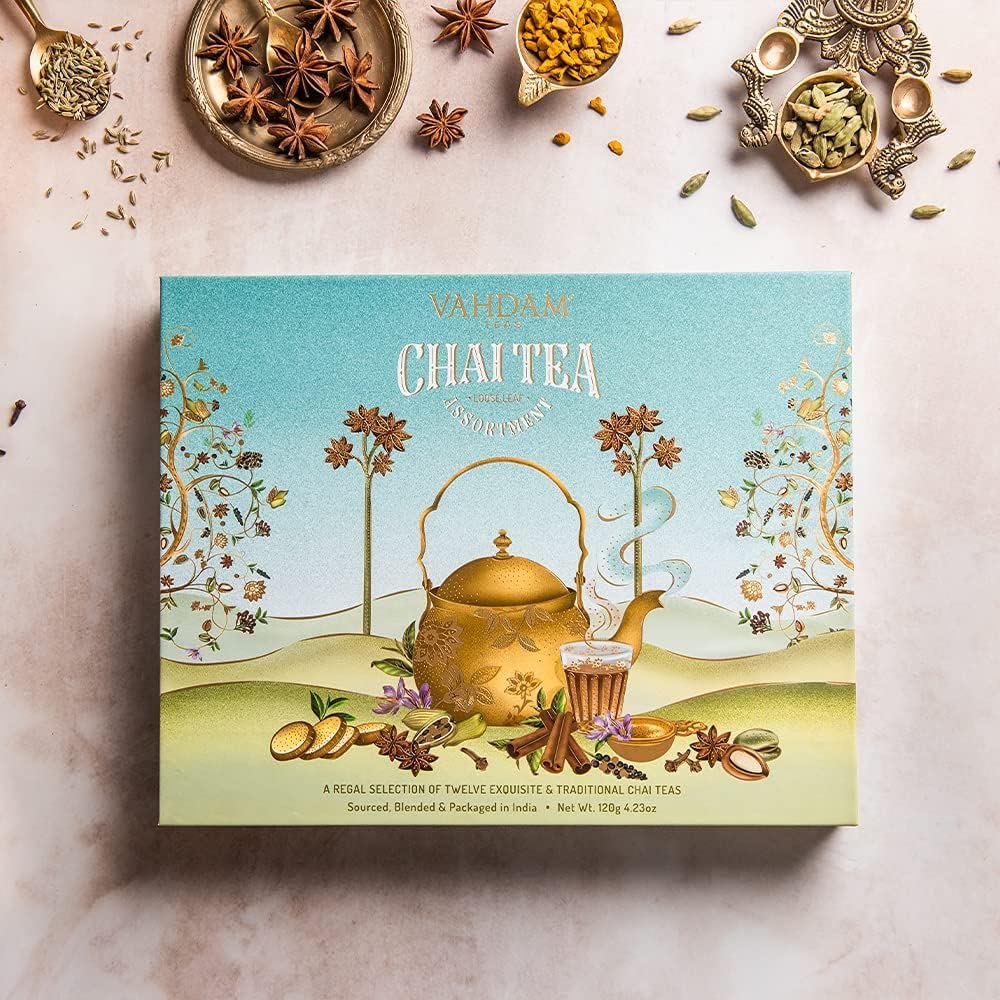 VAHDAM, Chai Tea Gift Set (12 varieties) Chai Loose Leaf Tea in Tin Caddy Gift Box | Exotic Chai Tea Blends | Gluten Free, Non GMO | Gifts for Men and Women | Gifts for Him/Her
