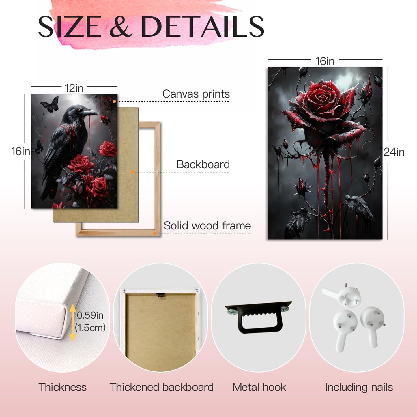Hianan Horror Gothic Canvas Wall Art, Romance Raven Rose Halloween Wall Decor, Bloodthirst Goth Crow Rose Poster Prints, Dark Goth Skull Aesthetic Pictures for Bathroom Living Room Framed 12"x16"x3