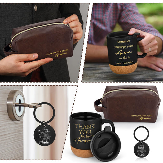 DERTE 12 Pcs Thank You Gift for Men Male Teacher Coworker Employee Appreciation Gift 15 oz Coffee Cup Leather Toiletry Bag Inspirational Keychain Set for Boss Staff Dad Fathers Day Husband Friends