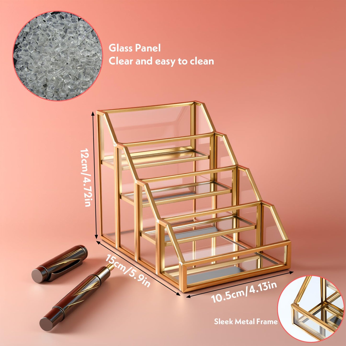 AojSup 4 Slots Glass Business Card Stands for Display, Desktop Business Card Holder with Gold Metal Frame, Clear Name Cards Organizer for Office, Exhibition, and Meetings (4.13" L x 5.9" W x 4.72" H)