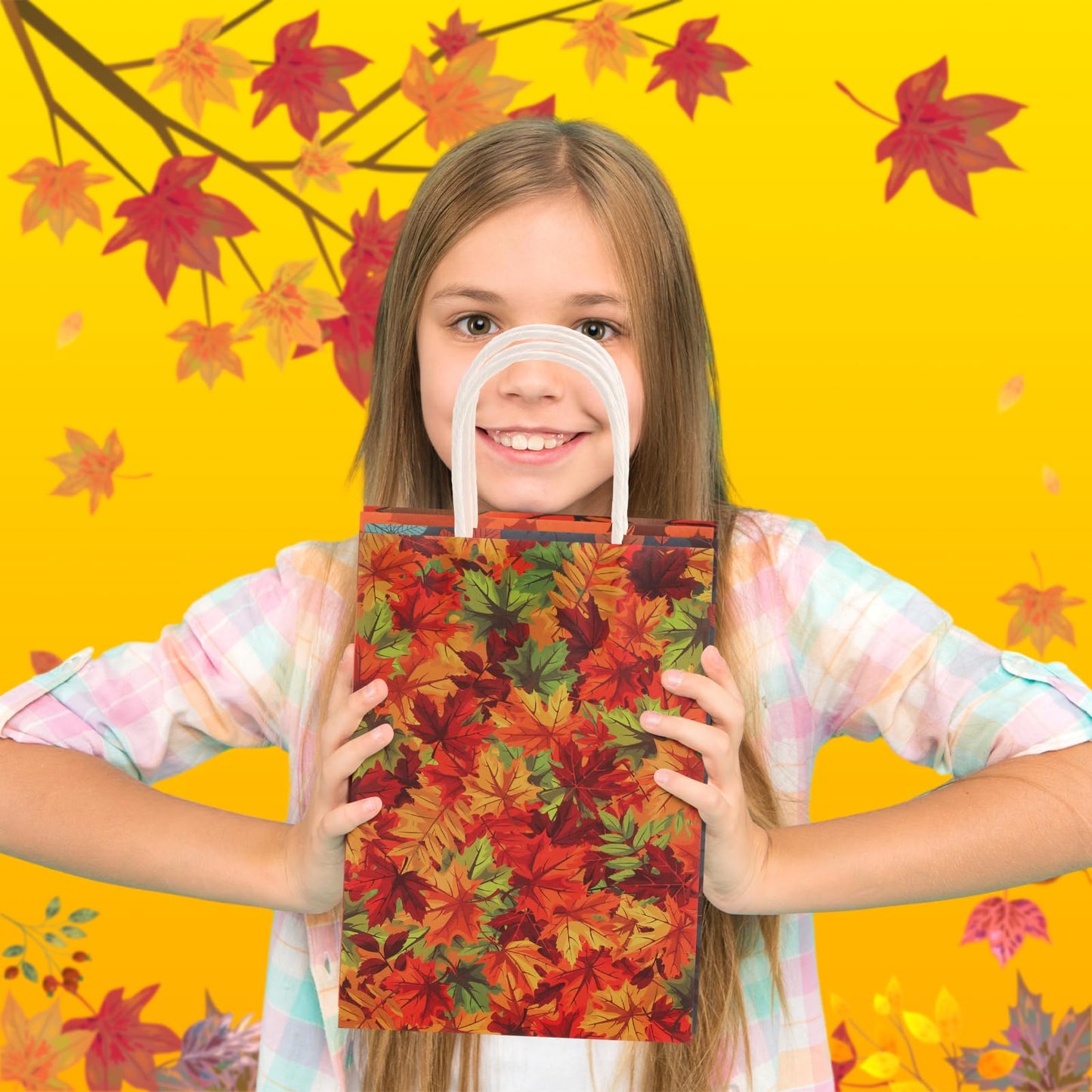 Tenceur 24 Pcs Fall Gift Bags Bulk Kraft Paper Orange Gift Bags Maple Leaf Elements Goody Candy Treat Pouches with Handles for Thanksgiving Autumn Wedding Birthday Party Favors